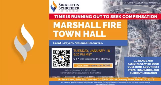 An event flyer for the Marshall Fire Town Hall event